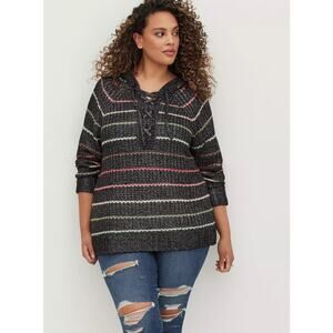 Torrid Chunky Pullover Hooded Raglan Sweater Gray‎ Rainbow Stripe 2 2X